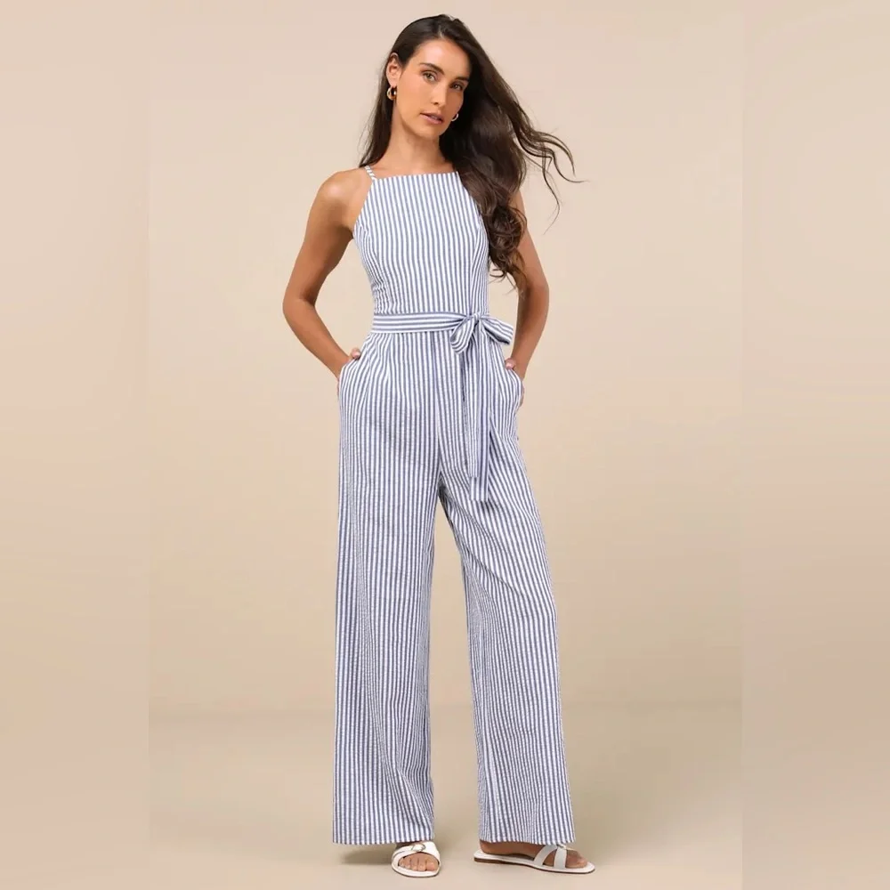 Messina Blue Striped Wide-Leg Jumpsuit by Lulus - Picture 9 of 9
